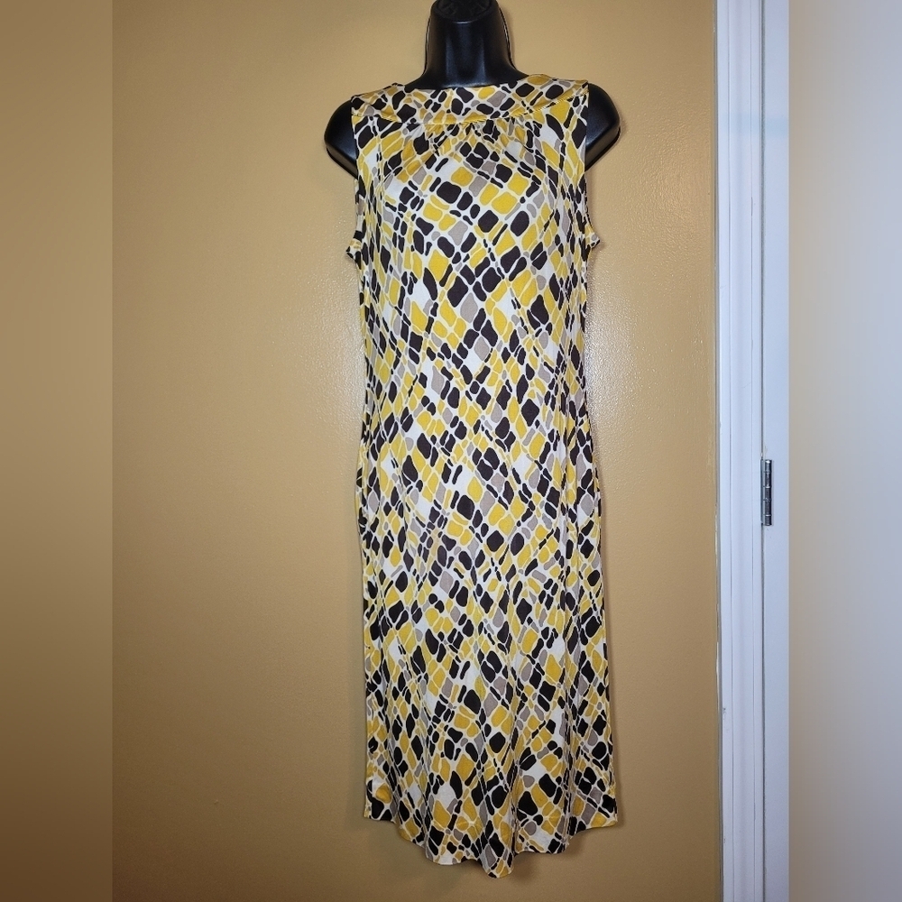 Tory Burch 100% Silk Abstract Geometric Yellow and Brown Print Dress sz S